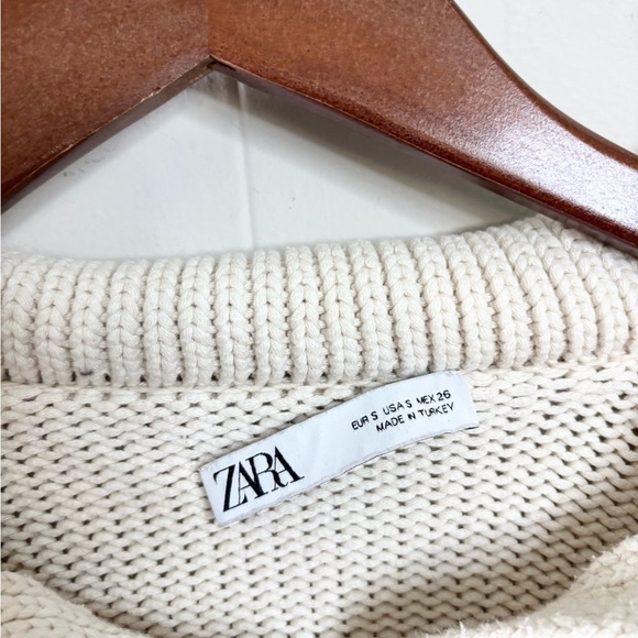 Zara light tan chunky knit cropped long sleeve polo sweater size SM - Picture 7 of 9